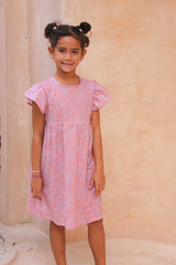 Girls pink floral dress made from 100% organic cotton with flutter sleeves