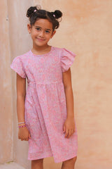 Girls pink floral dress made from 100% organic cotton with flutter sleeves