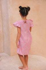Girls pink floral dress made from 100% organic cotton with flutter sleeves